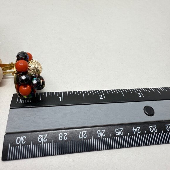 Vintage Cluster Bead Clip-On Earrings Red Black AB Retro Hong Kong Marked Kitchy - Picture 6 of 10